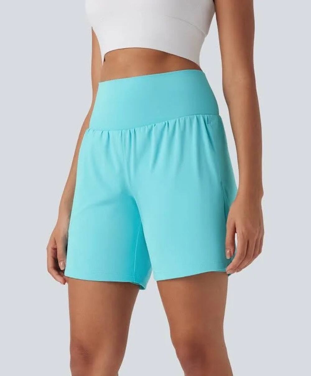 Halara S Long Blue SoftlyZero Airy High Waisted 2-in-1 Flowy Yoga Shorts NWT